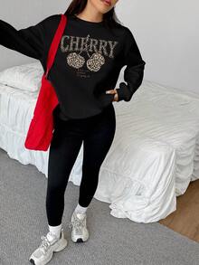 SHEIN EZwear 2 件套休闲复古豹纹和樱桃印花图案宽松圆领运动衫和紧身裤套装，适合秋冬季 - 黑色 - 查看 6