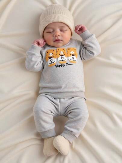 SHEIN 韩版新生儿卡通熊刺绣卫衣，可爱舒适修身长袖卫衣和裤子两件套