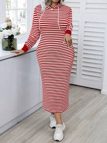 Elenzga Vestido de sudadera casual con capucha con cordón y manga larga a rayas para mujer de talla grande - Rojo - Ver 5