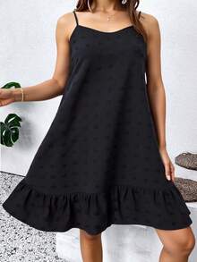 SHEIN LUNE Plus Size Spaghetti Strap Textured Ruffle Hem Vacation Dress - Black - View 1