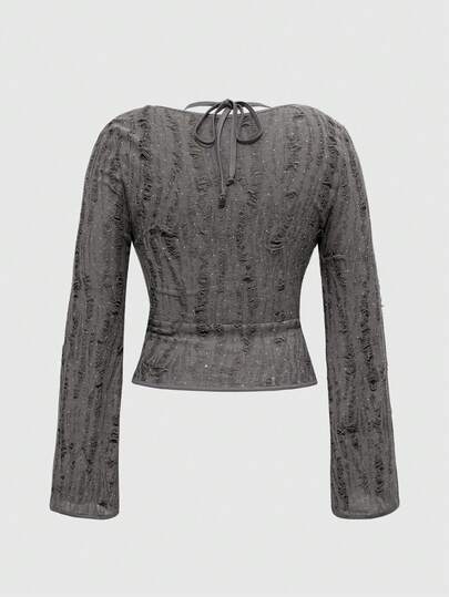 ROMWE Avant Top de tirantes cruzados con diseño desgarrado de vanguardia para tallas grandes, sexy y con estilo punk rock para mujeres, blusas de manga larga de otoño/invierno de tallas grandes con estilo punk new wave para mujeres de tallas grandes