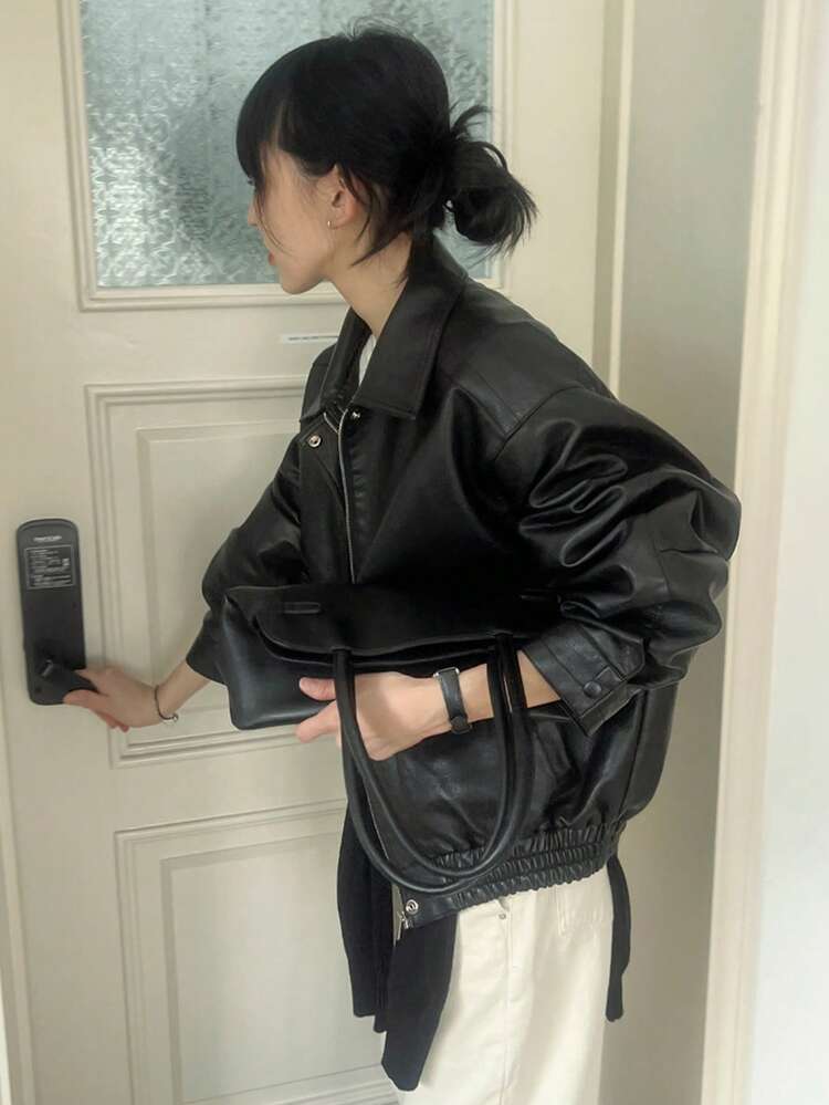 Zip Up Drop Shoulder PU Leather Coat