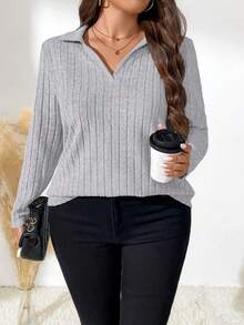 EMERY ROSE Plus Size Solid Color Rib Knit Casual Versatile Long Sleeve T-Shirt Fall Cloth For Women - Light Grey - View 5
