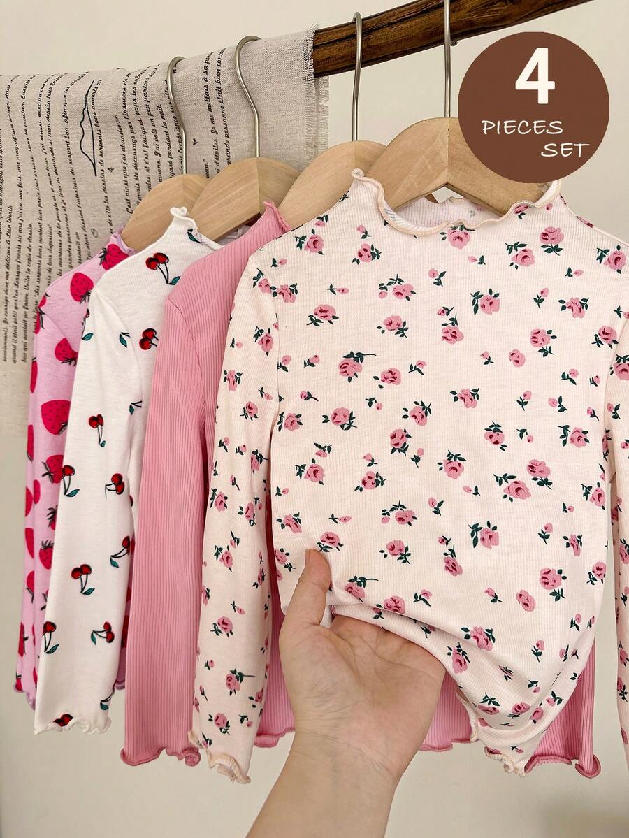 LMoss Kids Kleine Mädchen 4 Stücke/Set Gestrickte Einfarbige & Ditsy Blumen Rundhals Lässig T-Shirts