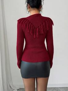 Firerie Women's Elegant Burgundy Autumn Long Sleeve Fitted Knit Sweater,Asymmetrical Collar Fringe Stand Collar Office Wear Casual Everyday Night Out Top - Burgundy - View 4