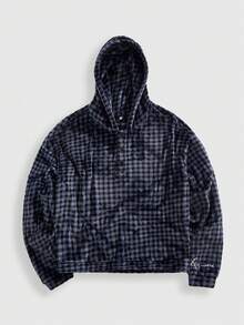 ROMWE MEN Street Life Men's Prep Plaid Drop Shoulder Long Sleeve Button Half Placket Fleece Hoodie, Autumn/Winter - Army Green - View 1