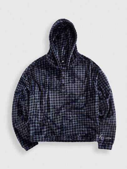 Street Life Men's Prep Plaid Drop Shoulder Long Sleeve Button Half Placket Fleece Hoodie, Autumn/Winter