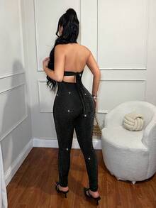 SHEIN SXY 派对性感黑色吊带露背连体裤 - 黑色 - 查看 2