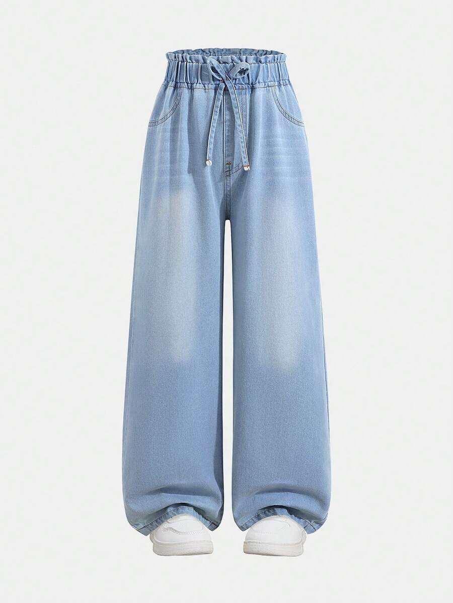 Sparklyn Quần jeans ống đứng dáng rộng rãi cho bé gái tuổi teen có dây rút trang trí ở eo, giặt nhẹ, phong cách giản dị và thời trang - Rửa nhẹ - Xem 1