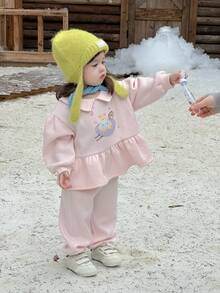 DAZY 2件套女婴休闲可爱印花卫衣和运动裤套装，韩版幼儿女童服装 - 粉色 - 查看 3