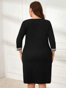 Miaspire Plus Size Elegant Black Dress For Women,Autumn Formal Dinner Evening Party Mid-Length Dress With Rhinestone,Casual Work Modest Outfits,Flowy Clothes - Black - View 2