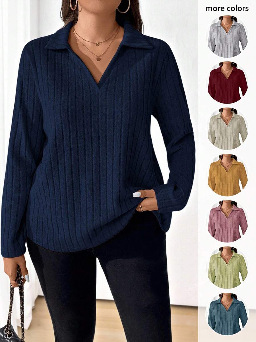 EMERY ROSE Plus Size Solid Color Rib Knit Casual Versatile Long Sleeve T-Shirt Fall Cloth For Women - Navy Blue - View 1