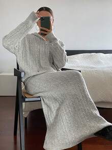 Livesso 女式秋季粗针织连帽上衣和休闲长裙两件套 - 灰色 - 查看 4