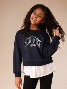 SUMWON Navy Blue New York Print Sweatshirt With Crew Neck And Long Sleeves For Casual Wear Vacation - Navy Blue - View 1