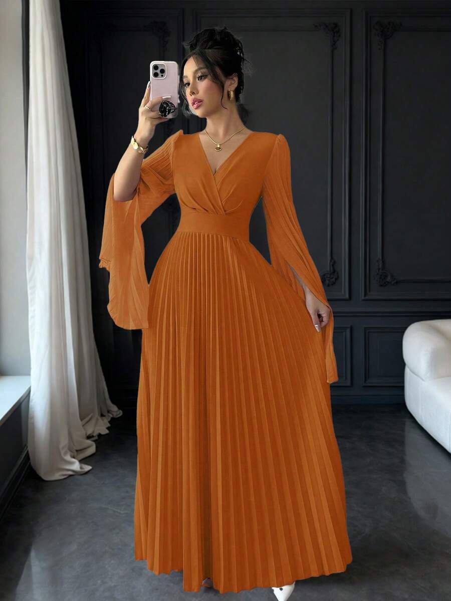 Elenzga Đầm Maxi Nữ Thanh Lịch Lãng Mạn Cổ Chữ V Tay Hở Xếp Ly Trang Phục Nữ - Màu Cam cháy - Xem 1