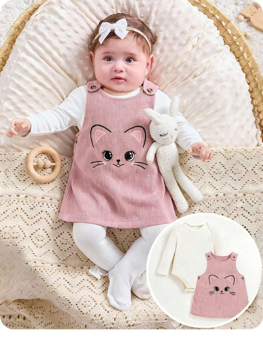 Bộ 2 món áo len dài tay dễ thương thường ngày cho bé gái sơ sinh và váy không tay họa tiết hoạt hình - Nhiều màu - Xem 1