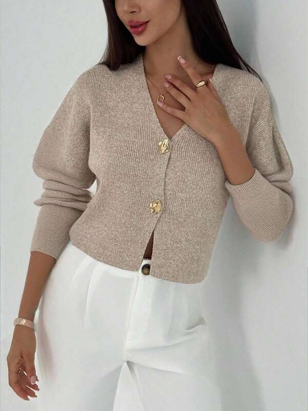 Aloruh Novo cardigan de malha casual, simples e moderno, com decote em V profundo e manga comprida, com botões finos, para uso no escritório, para outono/inverno