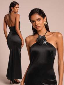 Glamine Women's Silky Satin Knitted Floral Decoration Backless Halter Neck Elegant Maxi Dress, Women's French Black Solid Color Three-Dimensional Flower Decoration Slim Sleeveless Temperament Long Dress, Elegant Sexy Slim Skin-Friendly Breathable Drape Sexy Pure Hot Girl Party Holiday Long Dress Costumes - Black - View 1