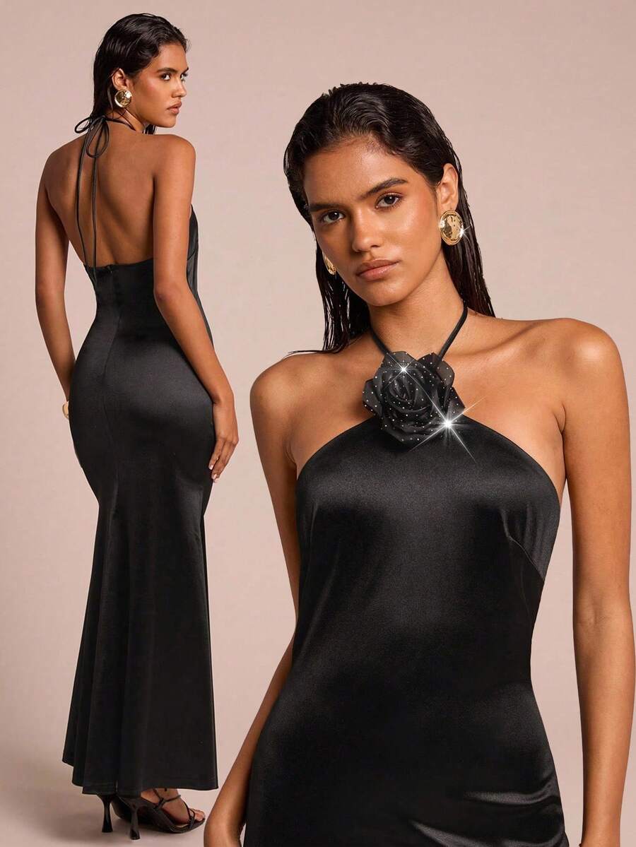 Glamine Women's Silky Satin Knitted Floral Decoration Backless Halter Neck Elegant Maxi Dress, Women's French Black Solid Color Three-Dimensional Flower Decoration Slim Sleeveless Temperament Long Dress, Elegant Sexy Slim Skin-Friendly Breathable Drape Sexy Pure Hot Girl Party Holiday Long Dress Costumes - Black - View 1