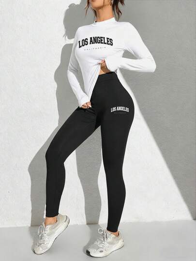 SHEIN Essnce 2pcs/Set Women Los Angeles Slogan Graphic Long Sleeve Tight Crew Neck T-Shirt And High Waist Leggings, Suitable For Spring And Autumn,Fall,Fall Clothes For Women
