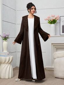 Yasmyna Elegant Black Jacquard Splice Solid Color Robe Abayas - Brown - View 4