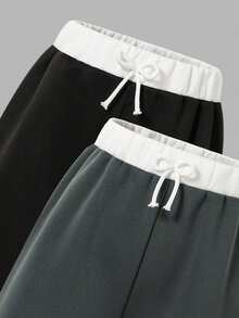 SHEIN 2件套少女休闲时尚针织保暖撞色腰带蝴蝶结装饰宽松运动裤，适合秋冬季日常穿着、通勤、户外活动、派对、拍照等场合 - 彩色 - 查看 4