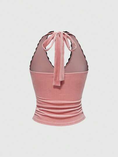 Goth Gothic Lace & Velvet Fitted Halter Neck Tank Top For Women, Versatile Basics