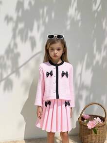 SHEIN 2 peças/Conjunto Cardigan de Tricô Rosa Pastel com Laço Preto & Saia Plissada, Roupa Macia e Confortável de Volta às Aulas de Outono para Meninas Jovens, Festa e Creche - Rosa Bebê - Visão 6