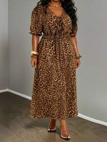 Slaydiva Boho Midi Ruffle Dress - Leopard Print, Suitable For Spring/Summer, Elegant & Commute & Party & Club & Outing - Multicolor - View 3