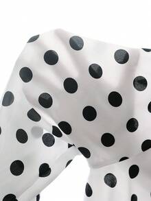 SHEIN LUNE Áo cánh tay loe chấm bi bèo nhún cỡ lớn thanh lịch cho nữ, đa năng - Đen và trắng - Xem 6