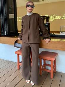 DAZY Autumn Elegant Dark Brown Suit For Women,Loose Fashion Long Sleeve Jacket And Straight Leg Casual Pants Set,Office Wear Tea Party Lounge Sets - Coffee Brown - View 5