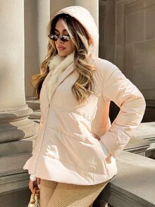 Xyvia Standard Size Hooded Fur Collar Patchwork Zipper Hem Drawstring Regular Length Padded Coat, Autumn/Winter - Apricot - View 4
