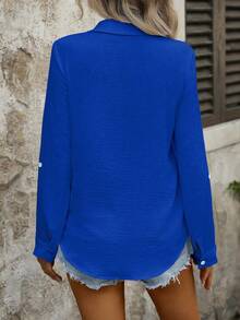 EMERY ROSE Camicia casual con bottoni, colletto classico, maniche lunghe, tinta unita, con taschino - Blu - Visualizzare 2