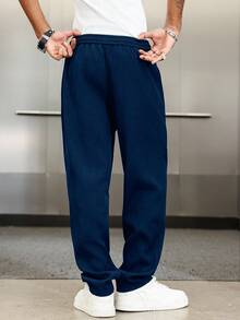 Manfinity Roghcode Men's Navy Blue Autumn Casual City Break Solid Color Sweatpants,Drawstring Loose Straight Leg Pants,Baggy Pro Club Jeans,Straight Leg Casual Pants - Navy Blue - View 2