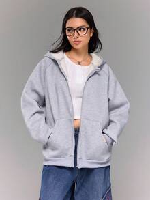Teen Girl Solid Color Raglan Sleeve Zip-Up Casual Hoodie Jacket, Thermal Lined, Autumn/Winter - Grey - View 5