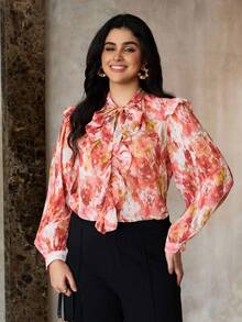 Flirla Áo cánh xếp ly voan in họa tiết thanh lịch cỡ lớn dành cho nữ, mùa xuân/thu - Nhiều màu - Xem 3