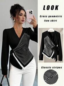 Elenzga Elegant V-Neck Digital Printed Geometric Line Pattern Long Sleeve Asymmetrical Hem Tie Bow Blouse - Black - View 1