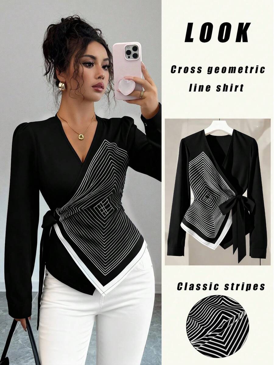 Elenzga Elegant V-Neck Digital Printed Geometric Line Pattern Long Sleeve Asymmetrical Hem Tie Bow Blouse - Black - View 1