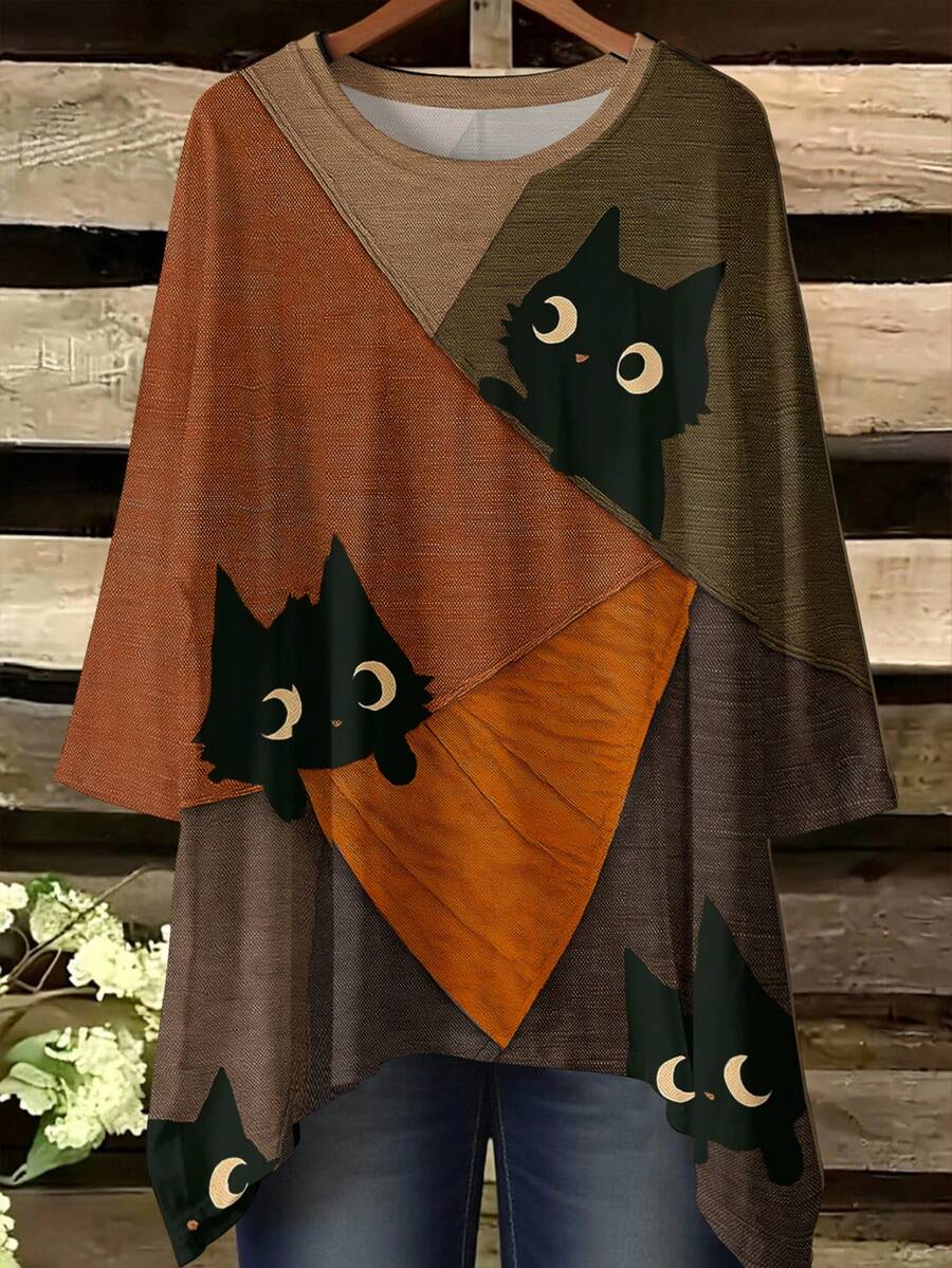 EMERY ROSE 加大码女式波西米亚风优雅宽松黑猫印花 T 恤，休闲不对称下摆 3/4 袖 T 恤，外出上衣，时尚秋季服装