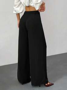 SHEIN PETITE 黑色纯色休闲百搭简约高腰阔腿裤小码版型秋冬 - 黑色 - 查看 2