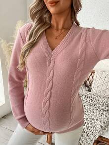 SHEIN 孕妇V领长袖休闲毛衣，带麻花图案，秋冬 - 藕粉色 - 查看 7