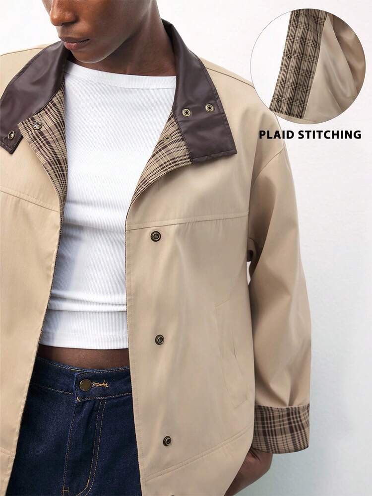 SHEIN Maija Khaki Leather Collar & Plaid Splice Sleeve Splice Fashionable Women Jacket, Casual & Versatile Brown Graphic Casual In Casual Blouses For Women