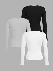 SHEIN EZwear 3 件套女士休闲紧身圆领长袖 T 恤套装，秋冬 - 彩色 - 查看 2