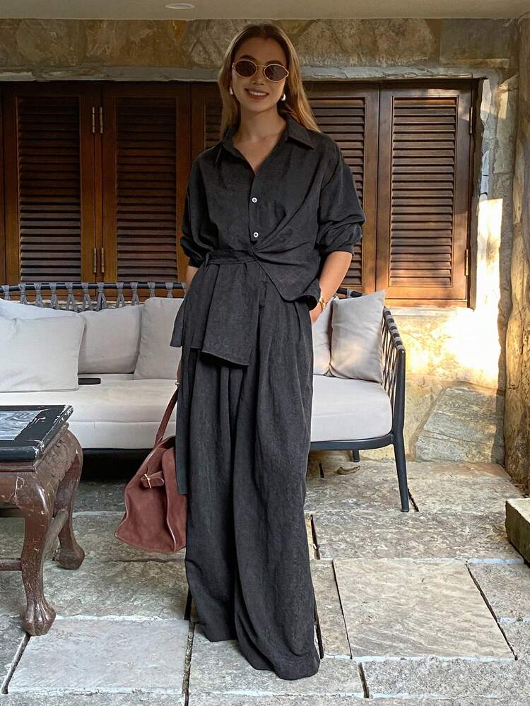 Women's Side Tie Collar Loose Shirt And Straight Leg Pants 2 Pieces Casual Set