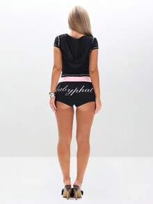 BABYPHAT Áo hoodie cổ chữ V tay ngắn in chữ có khóa kéo, phù hợp mặc thường ngày mùa xuân hè - màu đen - Xem 8