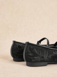 Rosivie Zapatos planos versátiles y casuales de mujer con bordado sencillo - Negro - Ver 4