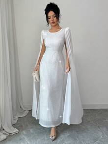 Elenzga Vestido de mujer elegante con decoración de lentejuelas, cuello redondo, ajustado a la cintura y con bajo de cola de sirena, adecuado para banquetes y fiestas - Blanco - Ver 7