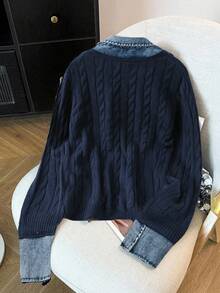 SHEIN LUNE Plus Size Vintage & Soft Combination, Denim Patchwork Knit Sweater - Navy Blue - View 2