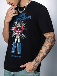 Transformers X SHEIN 男士休闲时尚街头机器人和字母印花短袖黑色 T 恤，夏季 - 黑色 - 查看 5