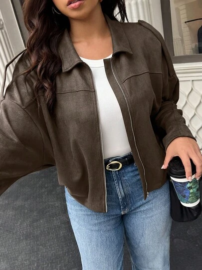 Calvaya Plus Size Women Solid Color Long Sleeve Zip-Up Casual Jacket, Autumn